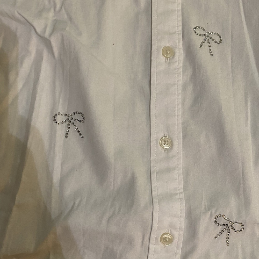 J Crew Factory NWT Jeweled Bow Button Up Shirt White Cotton 2x Festive Holiday - Picture 6 of 9